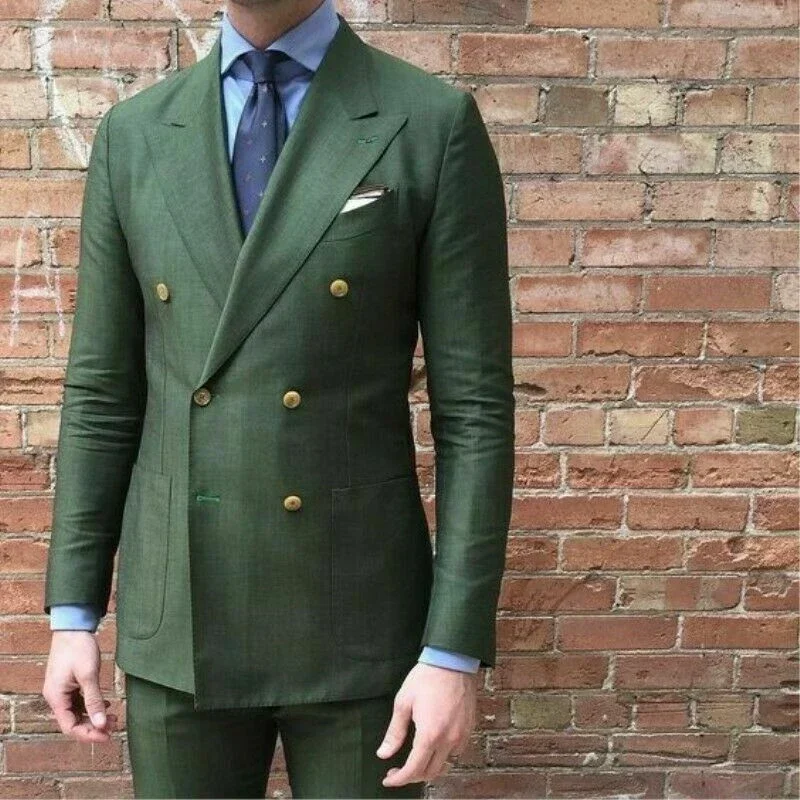 Fashion Green Summer Linen Suits Smart Casual Slim Fit Double-breasted Blazer Hombre High Quality Custom 2 Piece Costume Homme