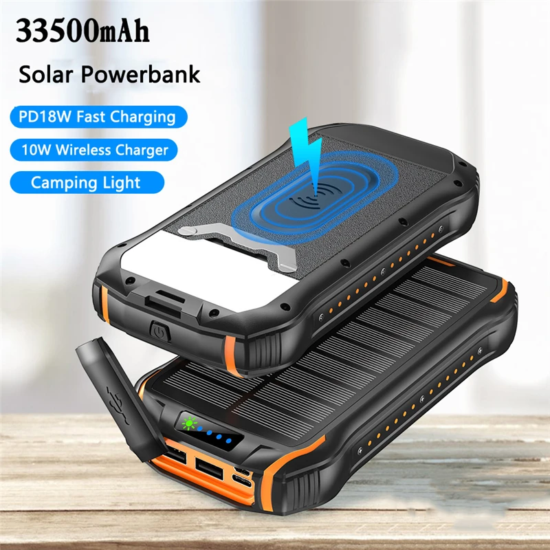 

33500mAh Solar Power Bank Wireless Charger for Xiaomi Mi iPhone 15 14 Huawei Fast Charging Station Powerbank with Camping Light