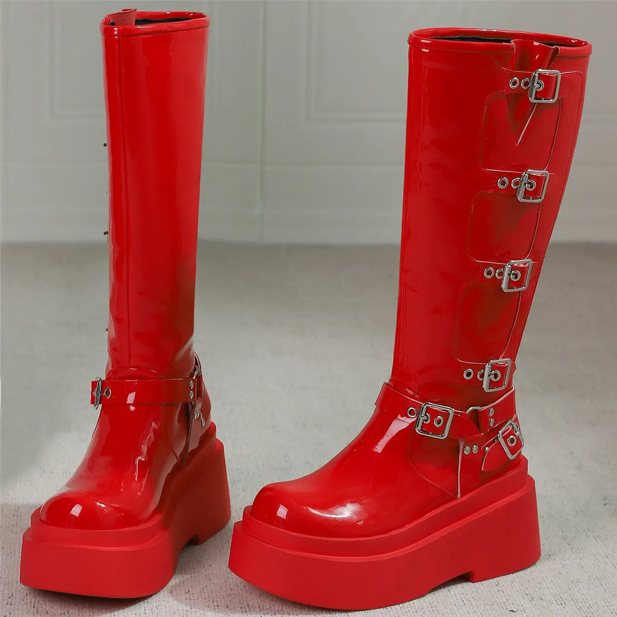

High Heel Pumps Shoes Women Patent Leather Wedges Knee High Snow Boots Female Winter Round Toe Fashion Sneakers Casual Shoes