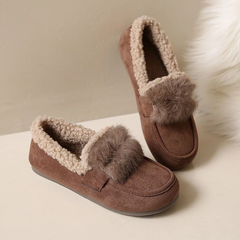 Aphixta Soft Furry Loafers Flat With Women Flats Slip On Short Plush Casual Round Toe Flats Woman Shoe Autumn Winter Loafers