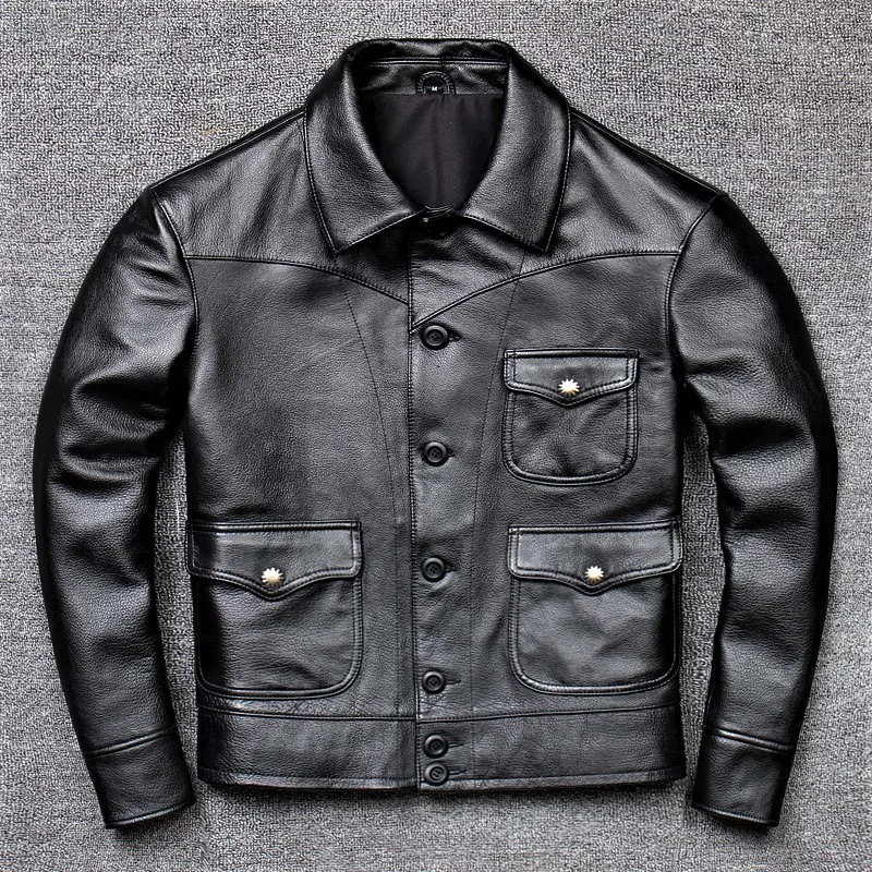 Genuine Leather Jaet Men's Retro Biker Coat RL Replied Collar Leatherwear ort Sli Urban Faion for Young Men