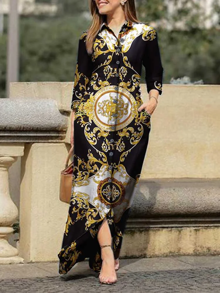 

VONDA 2023 Women Casual Bohemian Maxi Dress Autumn Turn Down Neck Vintage Printed Shirt Sundress Loose Party Vestidos Femme