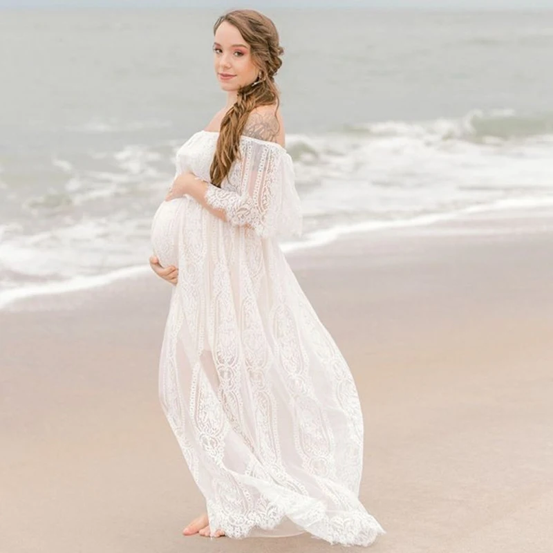 

2023 Summer Maternity Lace Dresses Boho Maternity Photography Dress Slash Neck Pregnancy Casual Long Dress