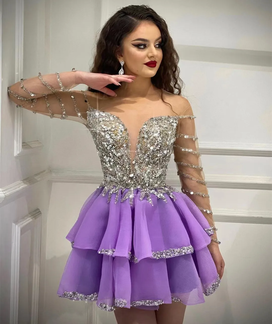 

Fashionvane Tiered Short/Mini Robes De Cocktail Dresses Sheer Long Sleeves Sparkling Beaded Pageant Party A Line Prom Gowns