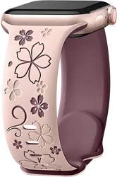 Sakura Floral Engraved Silicone Sport Watch Strap - 44mm 45mm 46mm 49mm (Pink smoke purple)