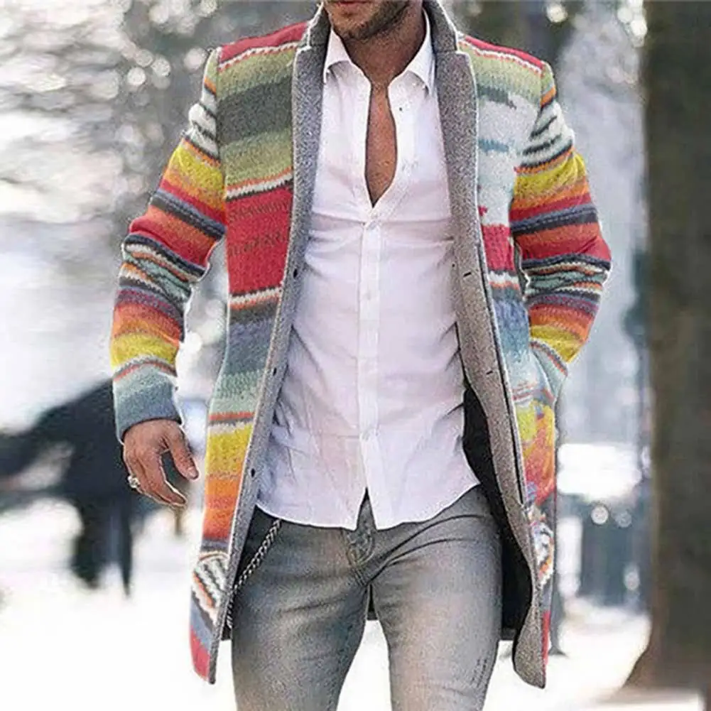 

Stylish Coat Skin-friendly Men Autumn Winter Rainbow Stripes Overcoat Autumn Overcoat for Daily Wear