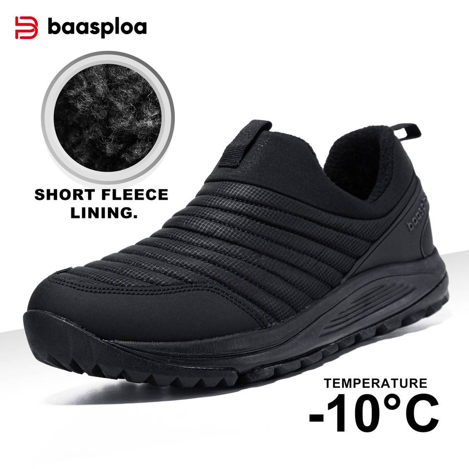 Baasploa Men Winter Plush Shoes New Lightweight Wide Width Slip On Walking Shoes Male Outdoor Casual Anti-skid Sneakers Footwear