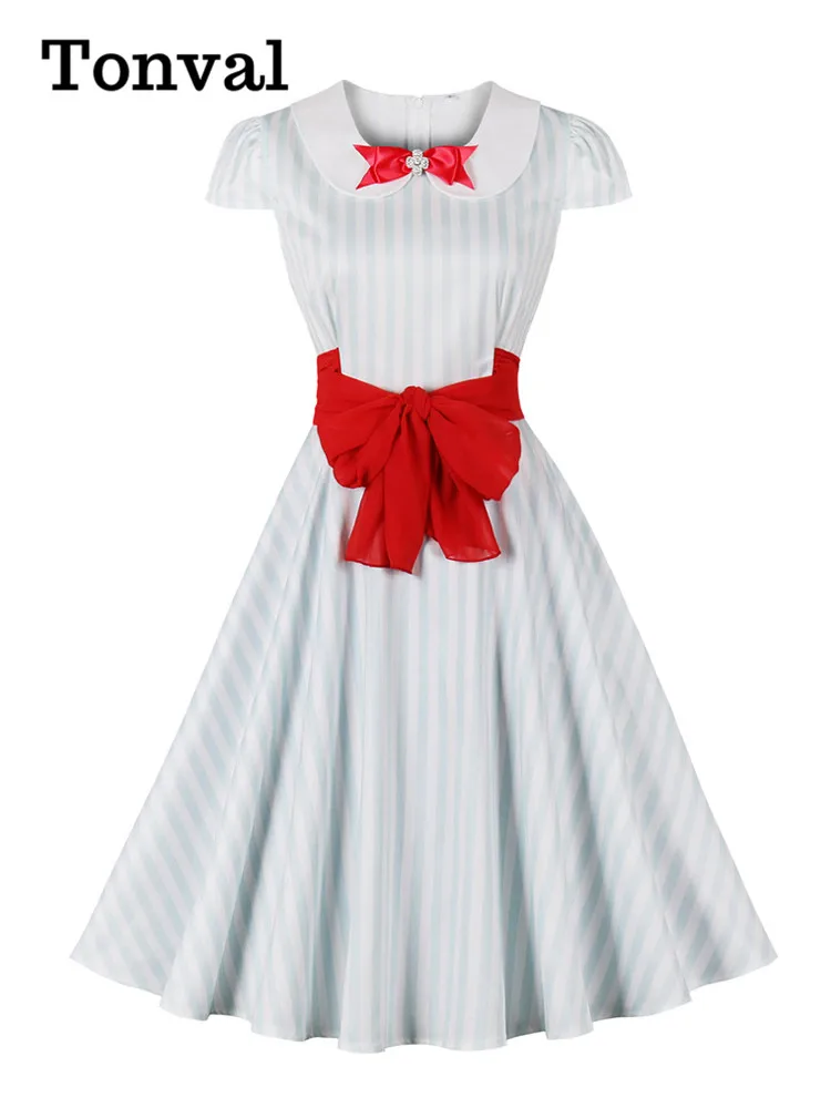 

Tonval Peter Pan Collar Self-Tie High Waist Striped Vintage Dress Cap Sleeve Elegant Evening Women Party Cocktail Dresses