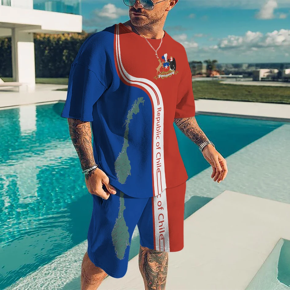 

Chile Flag National Emblem 3D Print Men's O-Neck T-shirt Sets Summer T-Shirt Shorts 2 Piece Set Oversized Tracksuit Man Clothing