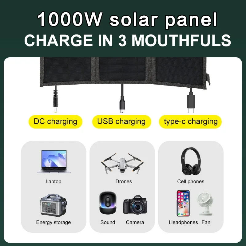 1000W 3-Fold Foldable Portable Solar Panel Charger USB 5V DC Full time Power Panel Mobile Power Supply portable solar panel solar charger panels solar panels solar charger solar battery charger