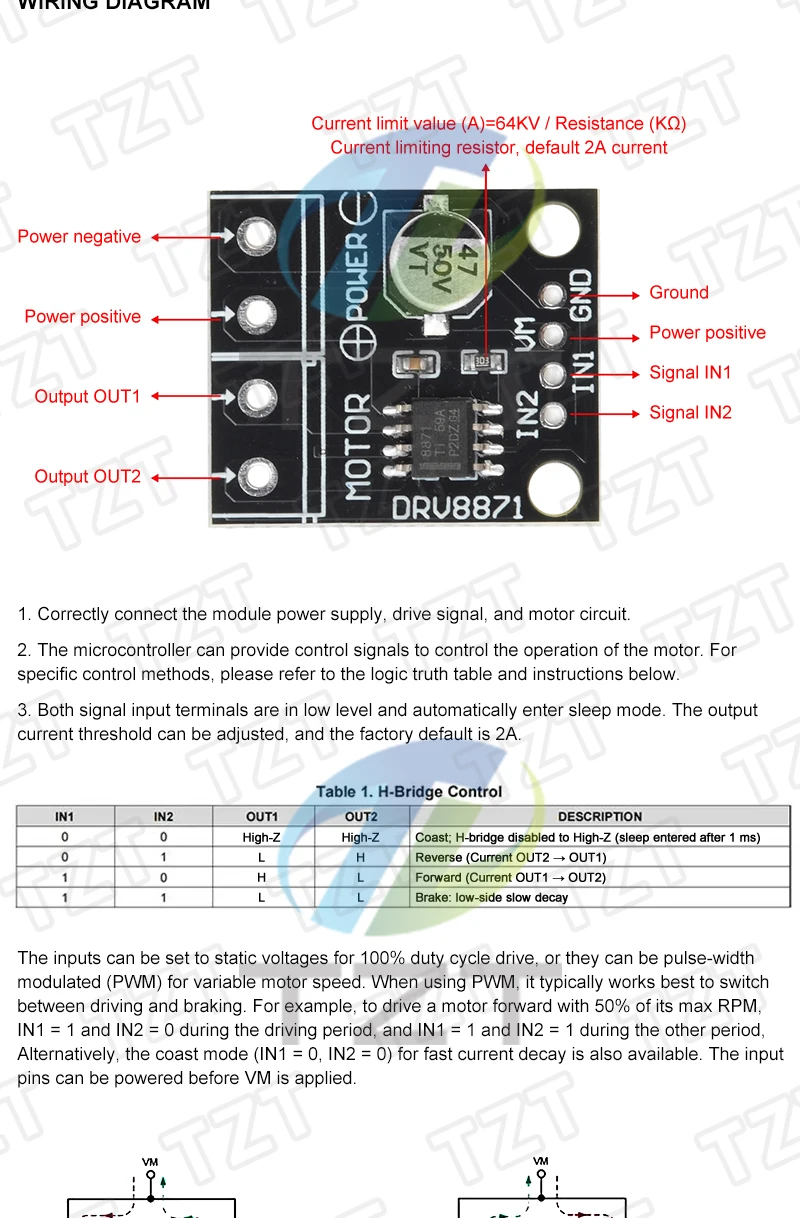 DRV8871 H-Brücke gebürstetes Gleichstrommotortreiber-Breakout-Board für Arduino-PWM-Steuerung 3,6 A max. interner Strommesssinn 6,5 V bis 45 V – Detail 2