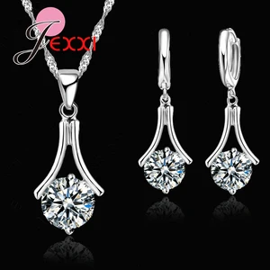 Simple Elegant Style Jewelry Set Real 925 Silver Drop Necklace Hoop Earring For Women jewelry set silver jewelry silver jewelry set