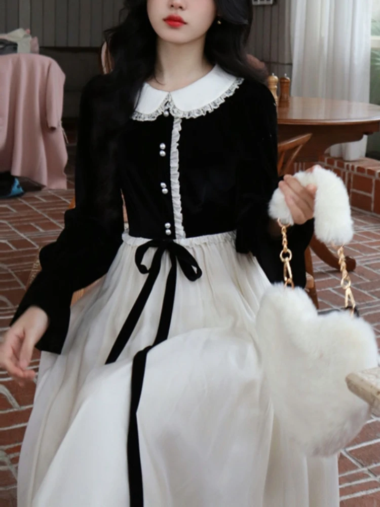 

Black Velvet Evening Party Midi Dress Women Peter Pan Collar Vintage Elegant Dress Female Long Sleeve Korean Dress Winter 2024