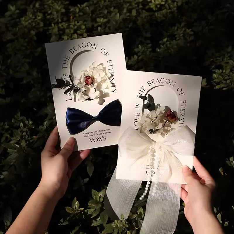 2pcs Vow Books Wedding Concave and Convex Design Cards for Party Decoration Invite Gift His And Her Vows Card with Ribbon