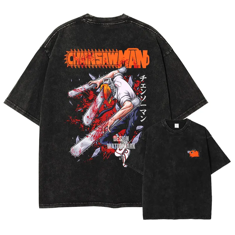 Oversized Vintage Washed Anime Chainsaw Graphic T-Shirt