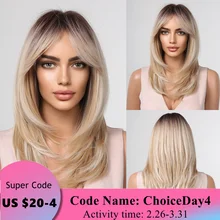 ALAN EATON Long Blonde Wigs for Women Synthetic Hair Wig with Fringe Ombre Color with Dark Roots Layered Wigs Heat Resistant