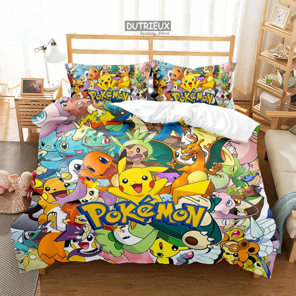 

Popular Pokemon Pikachu Duvet Cover Pillowcase Bedding Set Double Twin Full Queen King Adult Kids Bedclothes Quilt Cover Gift