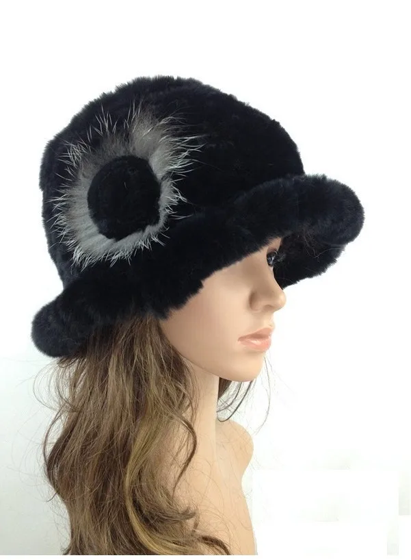Neue Design Natürliche Rex Kaninchen Pelz Hut Frauen Luxus Handgemachte Gestrickte Mode Weiche Eimer Hüte mit Floral Winter Kopfbedeckungen – Detail 2