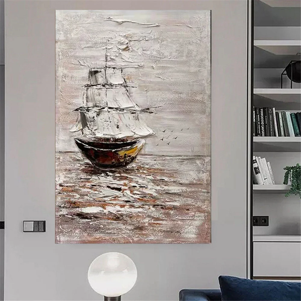 

Pure Hand-Painted Seascape Boat Abstract Canvas Oil Painting Living Room Family Minimalist Study Porch Modern Wall Sticker