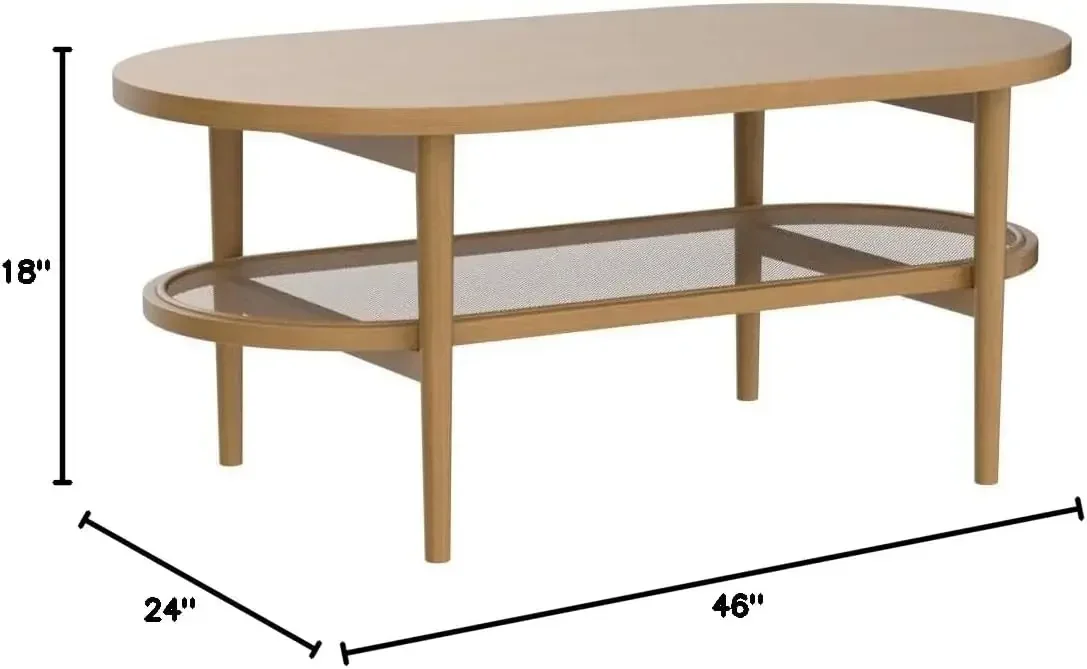 Sonia Coffee Table with Storage Shelf, Light Wood/Rattan 2
