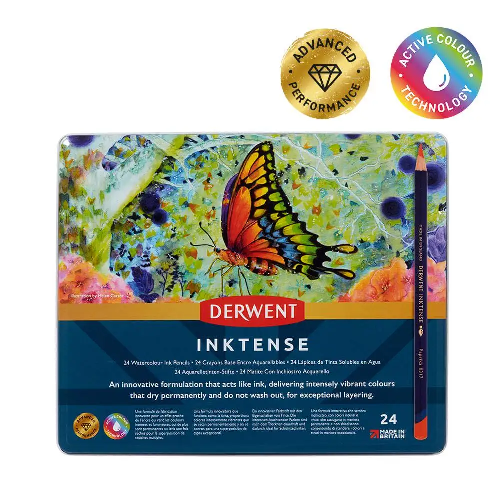 DERWENT Inktense 수채화 연필 세트 생생한 수용성 색연필 금속 틴케이스 12, 24, 36, 72색으로 제공됩니다.