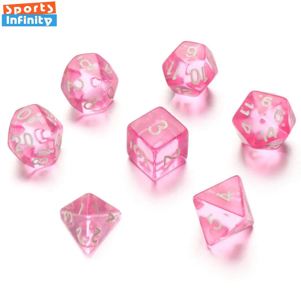 7 Pcs Set Clear Pink Dice Numbers D4 D6 D8 D10 D Percentage D12 D20 Polyhedral Dices Kit for DND COC TRPG RPG Board Games Party