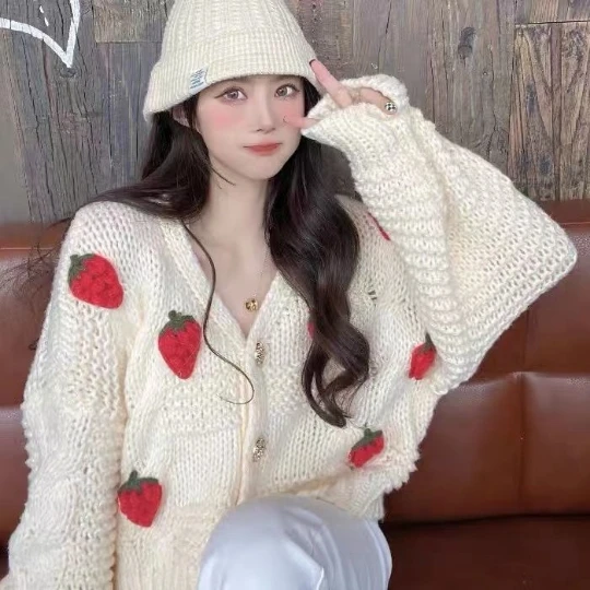 

White Strawberry Lady Knitting Girl Woman Blouse Shirt Women Sweater Cardigan Knit Fall Tops Women's Sweaters Coat Cloth Suétere