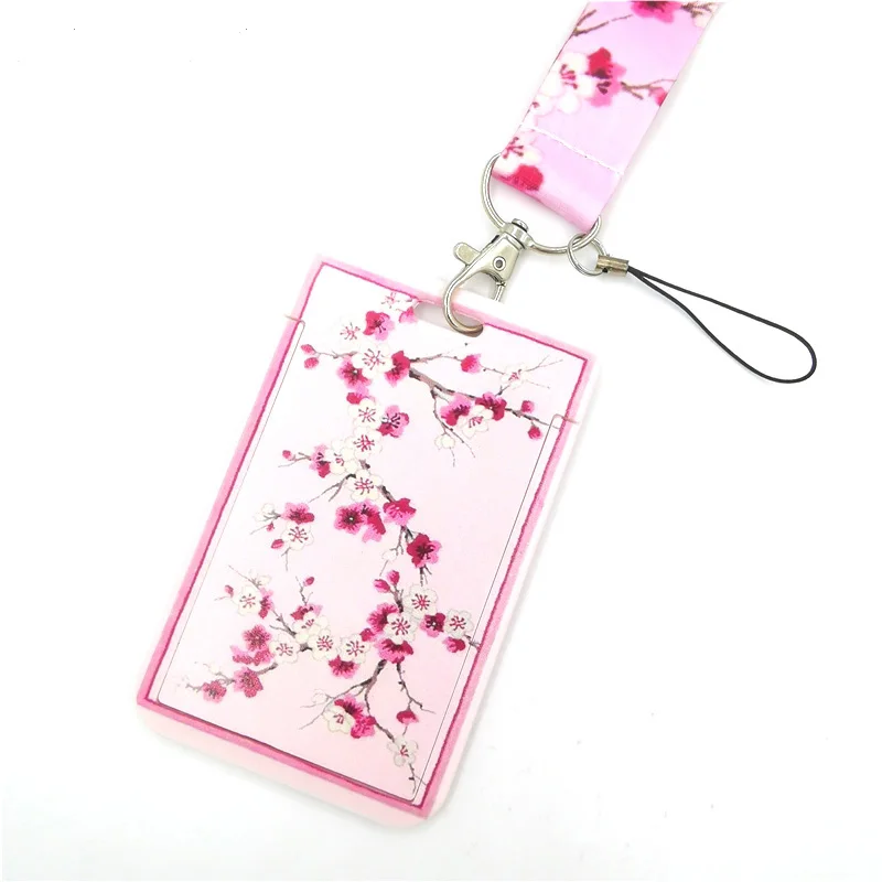 Pink Cherry Blossom Lanyard with Card Holder and Phone Accessory