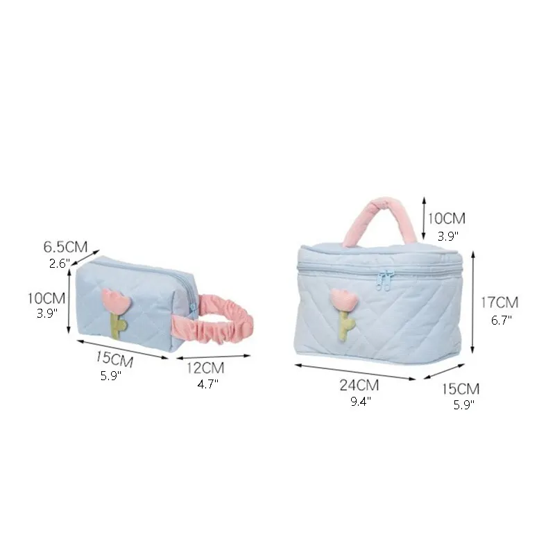 Cosmetic Bag Makeup Bag Set 1 Set Solid Color Flower Zipper Corduroy for Female Travel