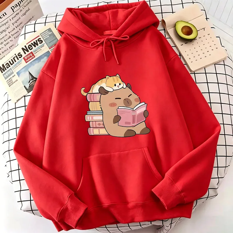 Cat and Capybara Reading Cozy Hoodie - Casual Harajuku Sweatshirt