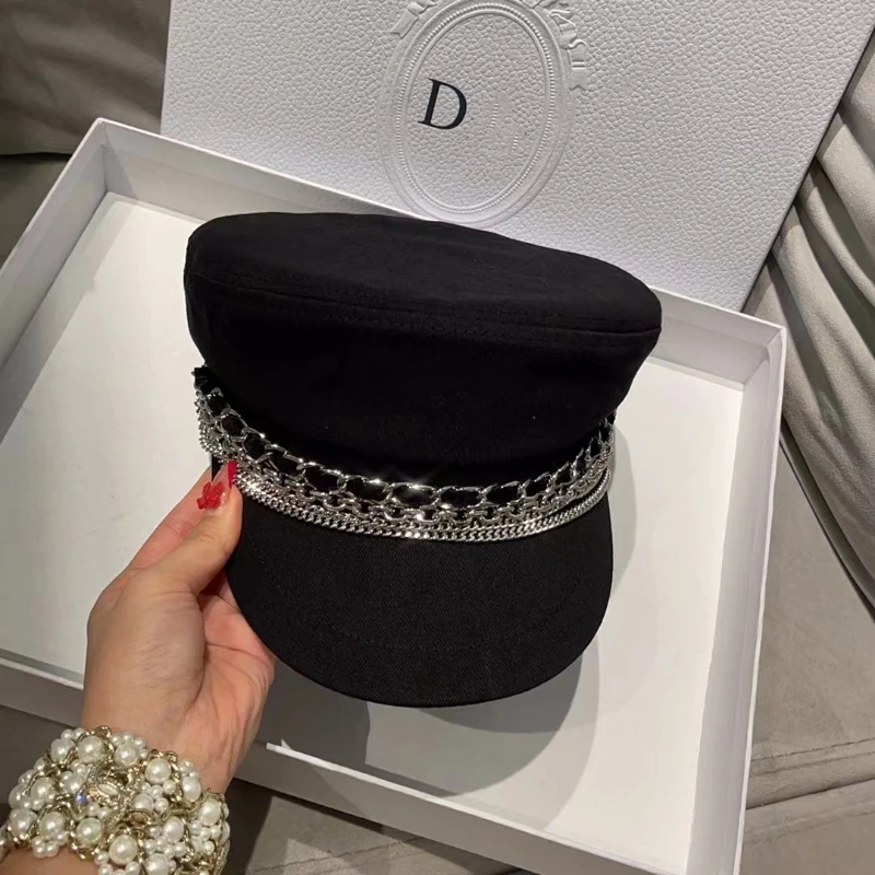 Stylish Navy sun hat Casual military hat women's cotton beret flat cap Captain's cap High quality outdoor casual chain