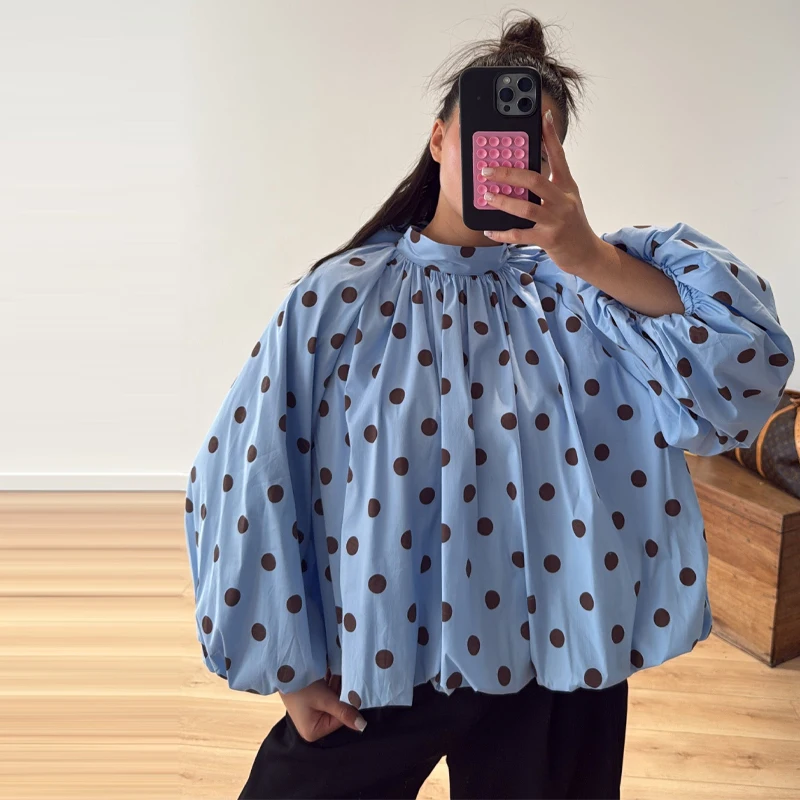 Women's Elegant Polka Dot Cute Back Lace Up Shirt Uniqie Design Ruffled Hem O Neck Tops Spring Casual Loose High Street Blouse S84e31cd9d7e94c8ca87cca19a2fa6d42Y