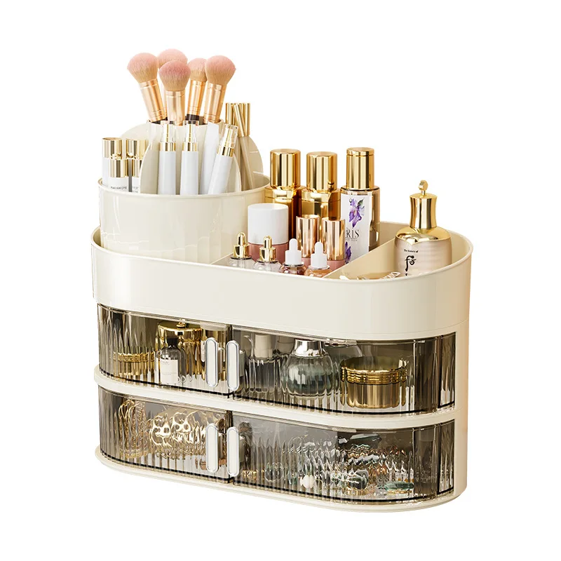 Cream Style Cosmetics Storage Box Skincare Products Desktop Dustproof Dressing Table with Rotating Box Optional Layers