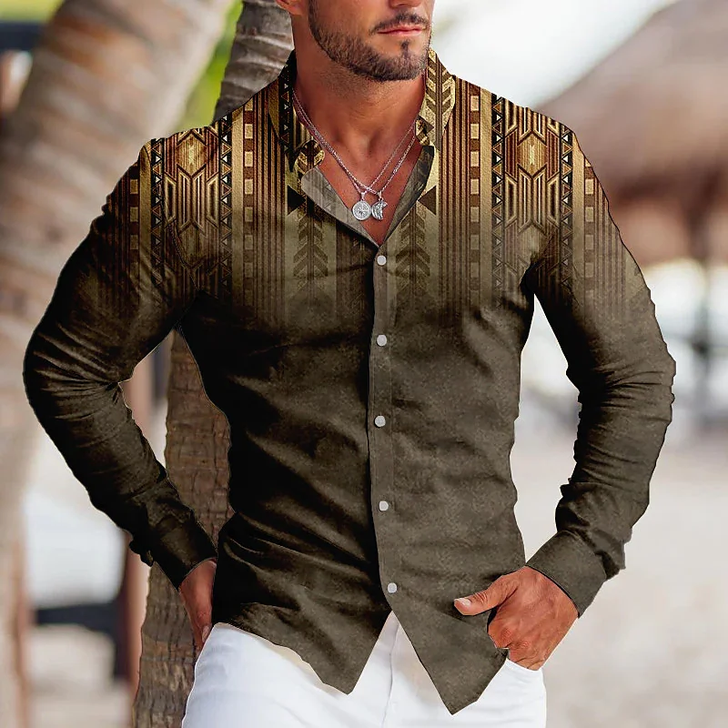 Mens Dress Shirt Men Fashion Vintage Tribal Party Clear Graphic Lapel Button Down Casual Tops