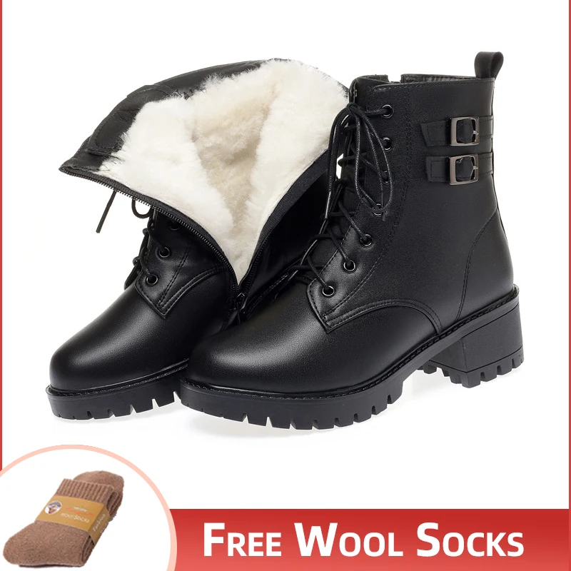 

Thick Bottom Women Winter Boots Large Size New Natural Wool Warm Women Snow Boots Mid-heel Genuine Leather Women Short Boots