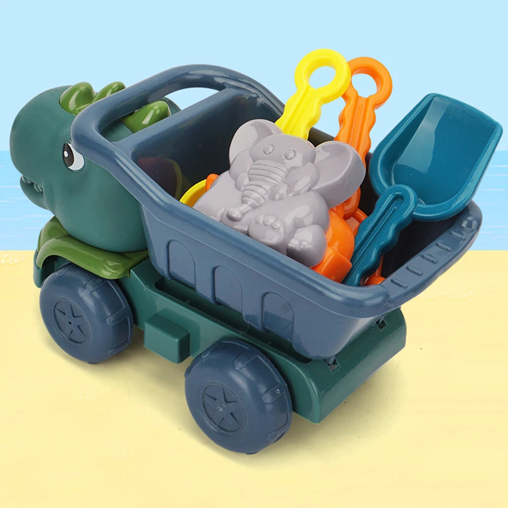 6Pcs Dinosaur Summer Beach Toys with Dump Truck Sand Molds Shovel Rake Sand Sifter Sandbox Toys for Kids Toddlers Boys Girls