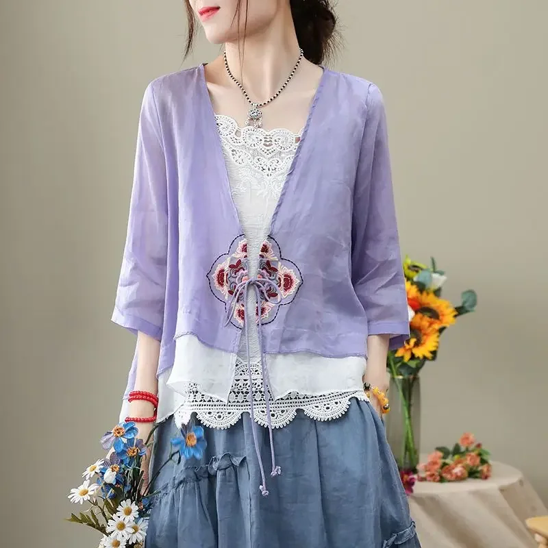 New Vintage Blouses Women Shirt Cotton Linen Embroidery Cardigan Y2k Tops Korean Fashion Spring Summer Sun Protection Clothes