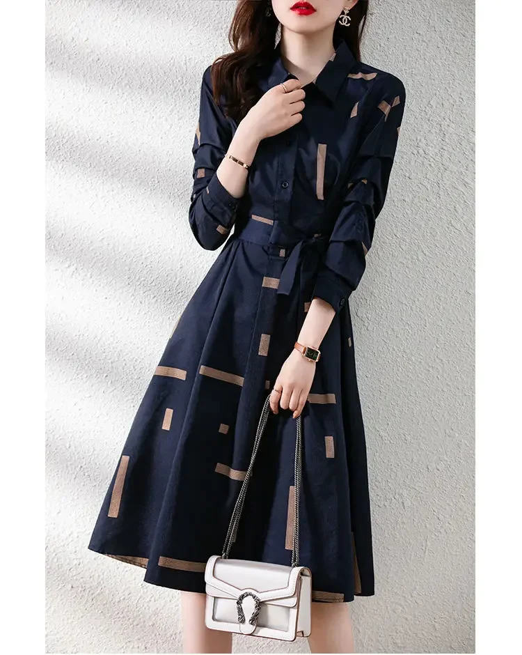 Elegant Fashion Geometric Printed Belt Dresses Spring Long Sleeve Polo-neck Loose Tunic Pullover Midi Dress Female Clothing P29