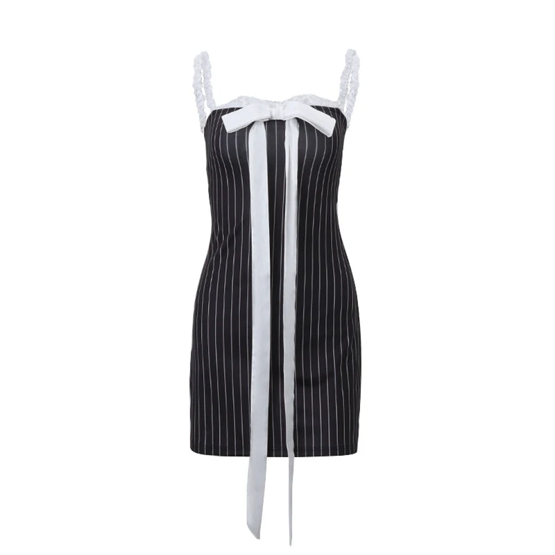 y2k Dress 2000s Women Striped Lace Stitching Off Shoulder Sleeveless Bodycon Short Dress with Bow Decor Party Dresses