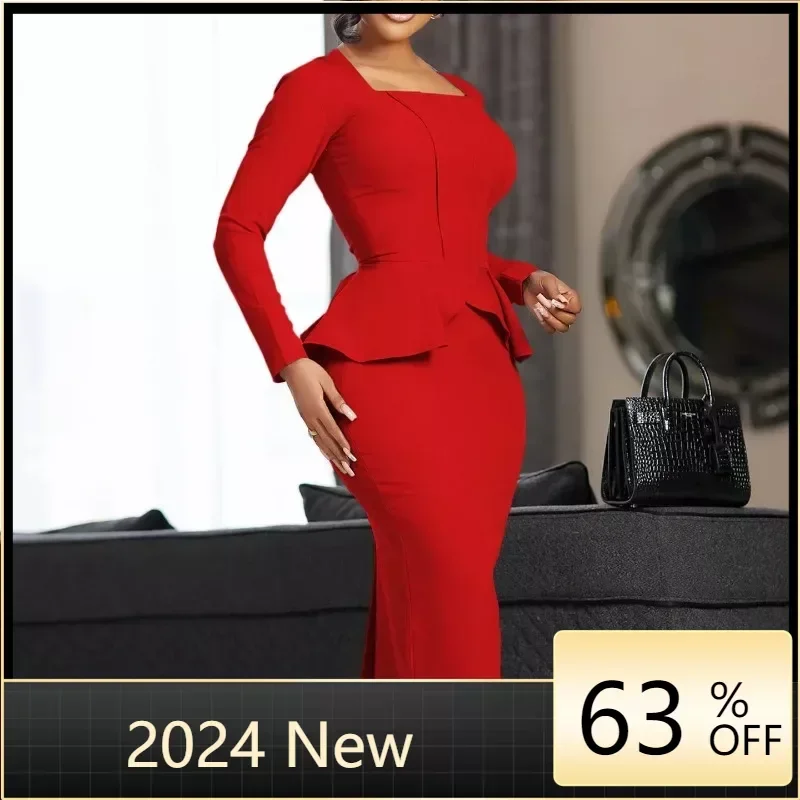 

Elegant Bodycon Dresses for Women Square Neck Full Sleeve Ruffles Package Hips Mid Calf Formal Business Work Vestidos Mujer Robe