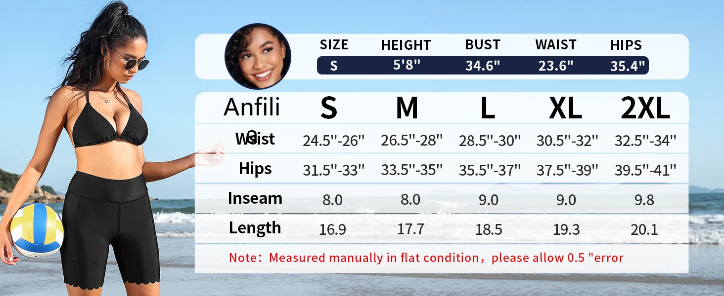 Anfilia Women Swimming Trunks Solid High Waist High Elastic Scalloped Trim Handy Pockets Seamless Linning Tankini Bottom