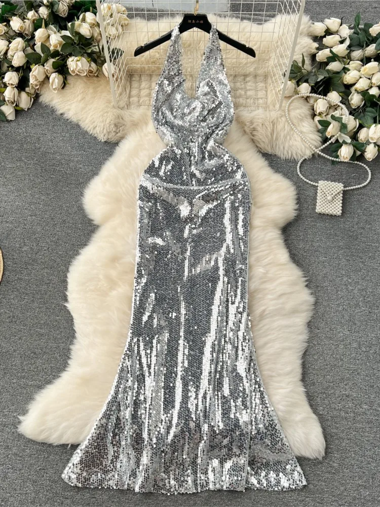 

Sexy V Neck Sequin Mermaid Long Dresses Women Silver Backless Bodycon Evening Party Vestidos Fashion Ladies Formal Dancing Robes