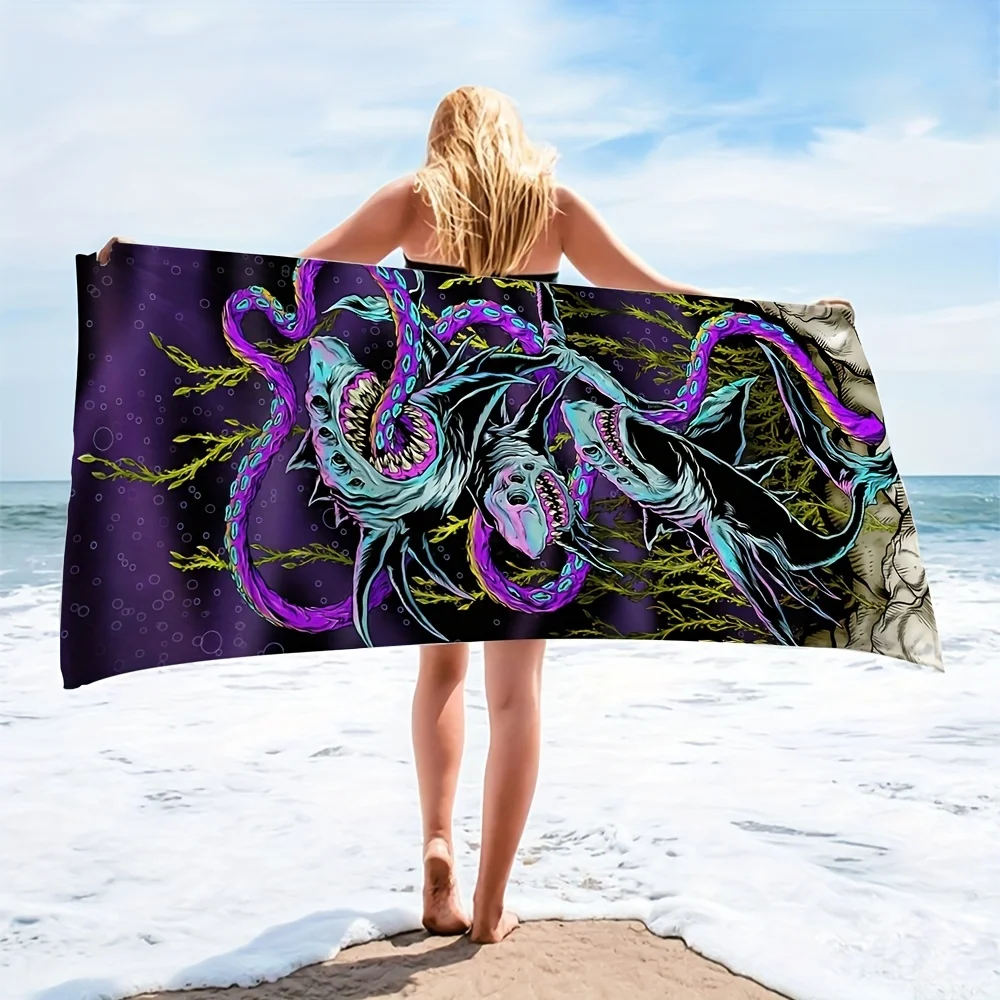 

Shark & Octopus Pattern Beach Towel Quick Drying Soft Absorbent Beach Towel For Outdoor Travel Camping Summer Vacation