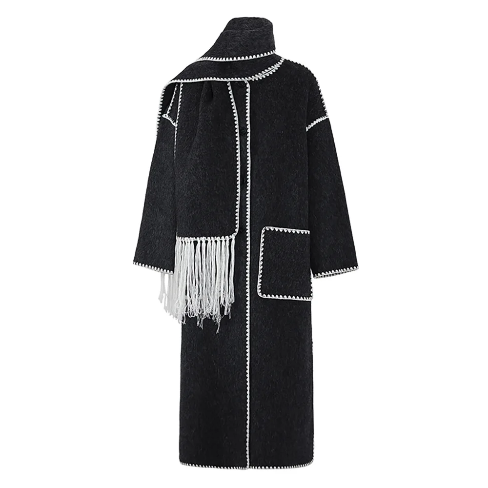 

SuperAen Autumn and Winter New Contrast Color Design Long Woolen Coat Detachable Tassel Scarf Woolen Coat