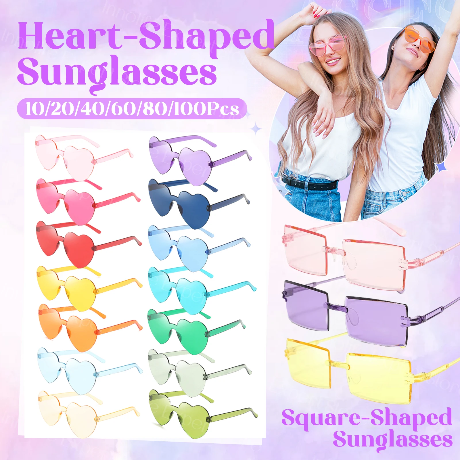 Wedding Heart Glasses Rimless Heart Glasses Bachelorette Party Favors Candy Color Sunglasses 10-100Pcs