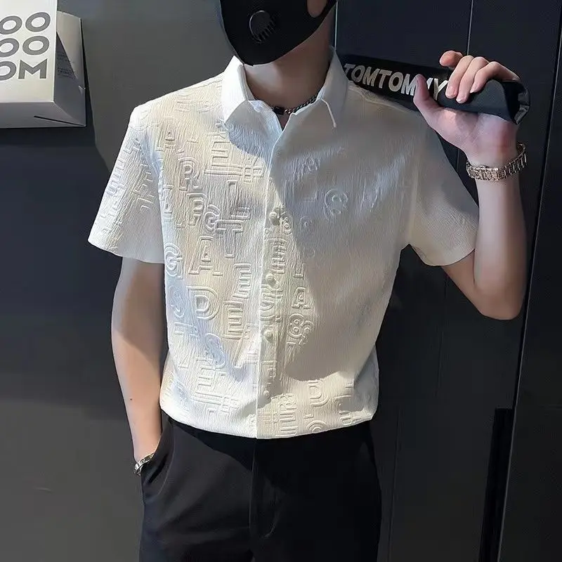 Elegant Fashion Harajuku Slim Fit Ropa Hombre Loose Casual Sport All Match Men's Top Square Neck Solid Button Short Sleeve Blusa