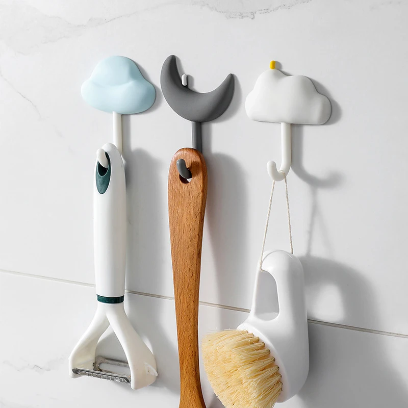 3pcs Cloud Moon Hooks No-punch Non-marking Adhesive Backed Adhesive Hooks Kitchen Bathroom Wall Cute