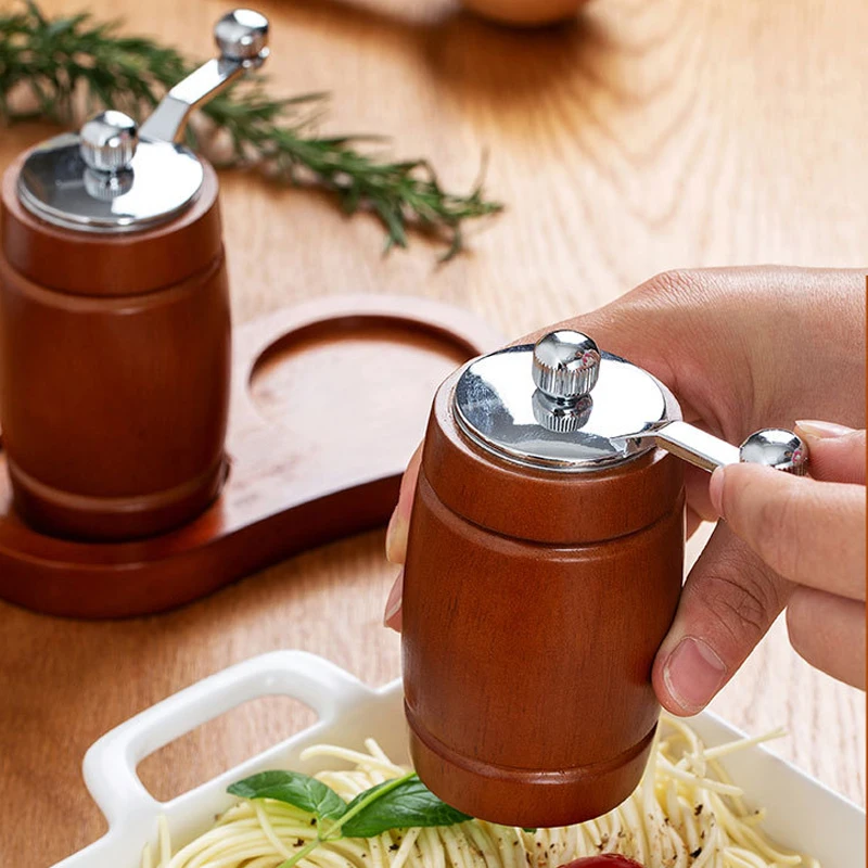 Creative Wooden Pepper Spice Grinder with Base Barrel Shape Salt Pepper Mill Kitchen Pepper Seasoning Bottle Salt Pepper Grinder