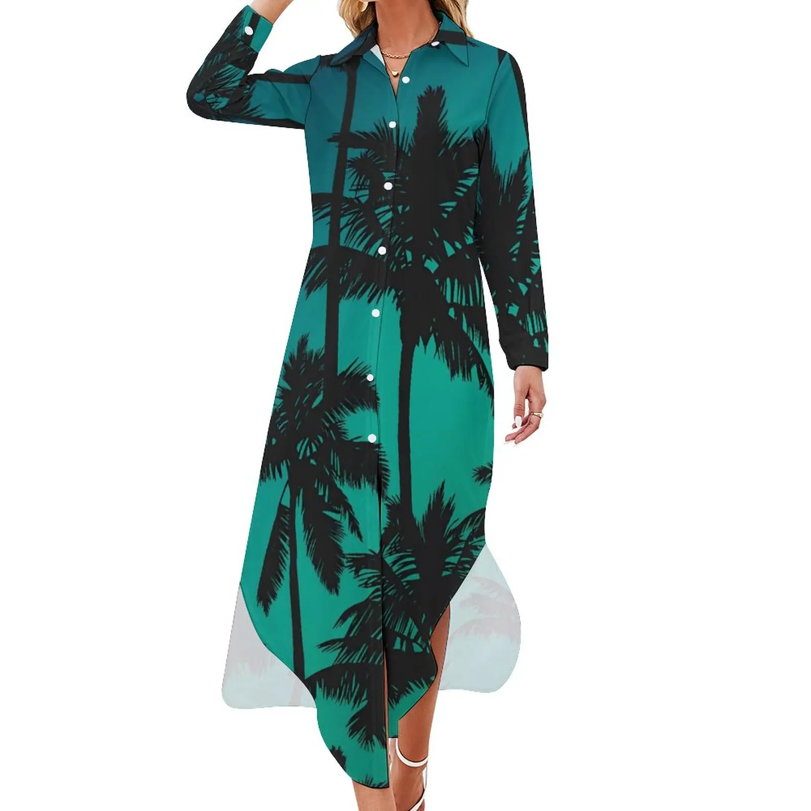 

Palm Trees Casual Dress Plants Print Street Style Dresses Sexy V Neck Festival Chiffon Dress Long Sleeve Vestidos Big Size 5XL