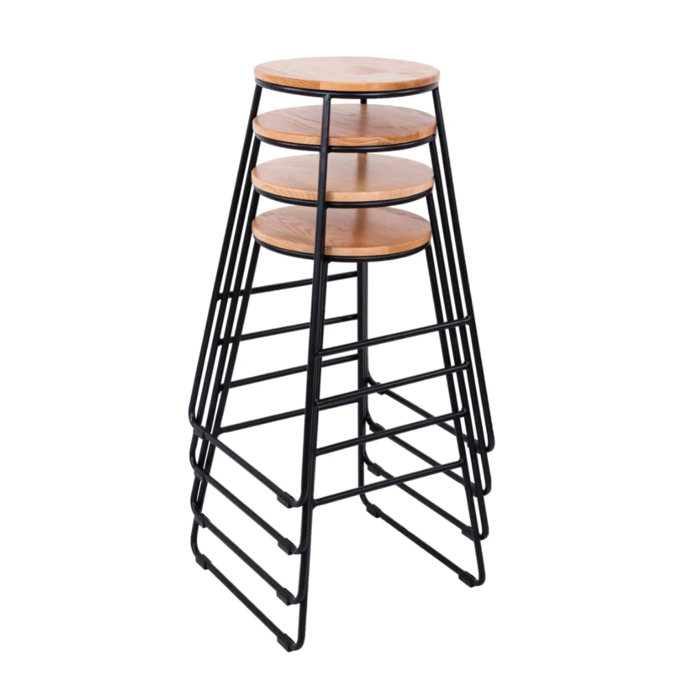 

28"H Backless Stool Black Metal Base with Natural Wood Seat - Set of 4